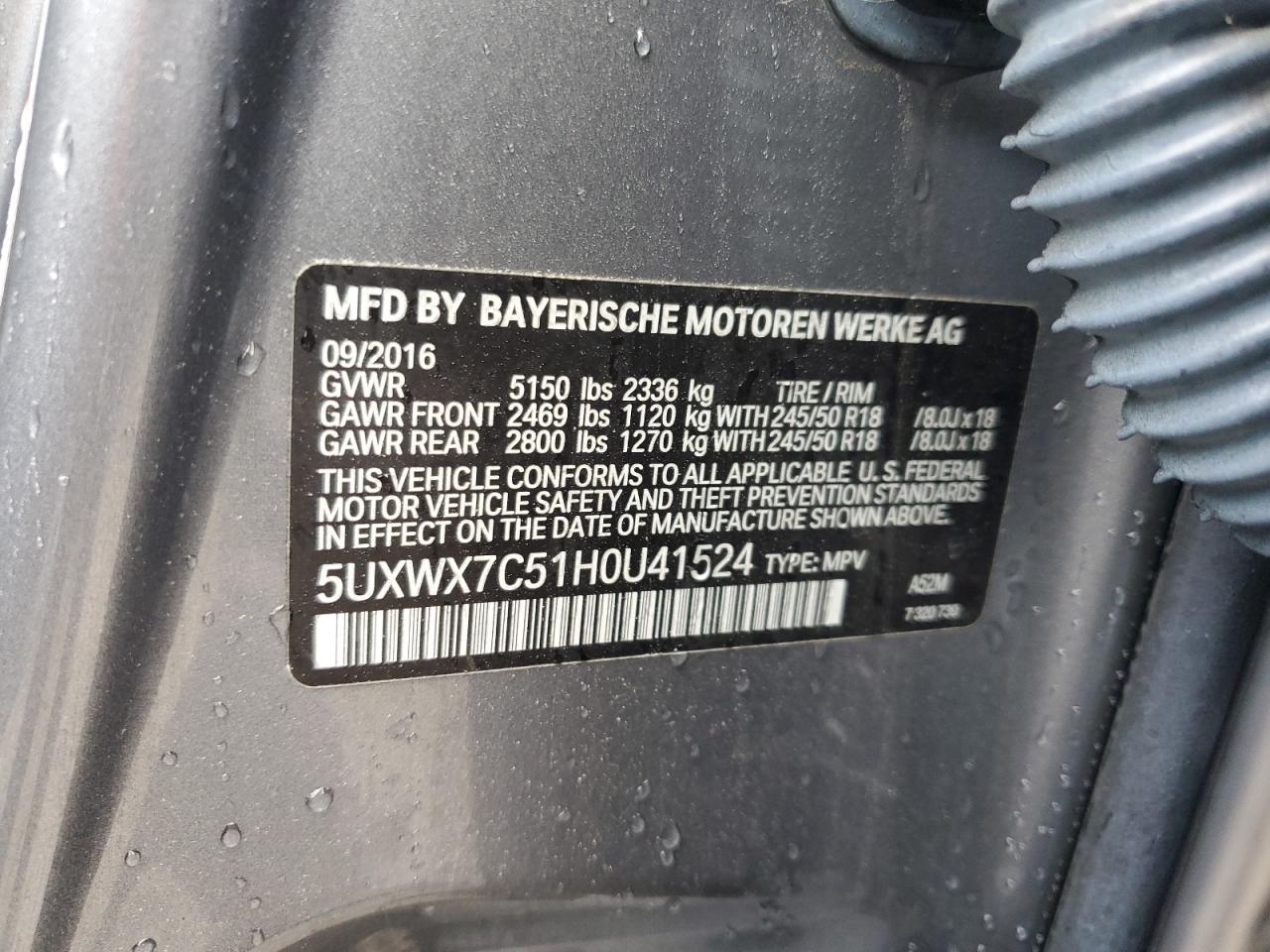 2017 BMW X3 xDrive35I VIN: 5UXWX7C51H0U41524 Lot: 63757495