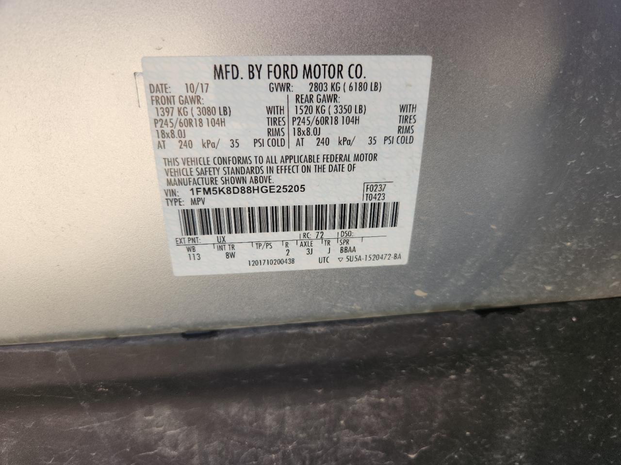2017 Ford Explorer Xlt VIN: 1FM5K8D88HGE25205 Lot: 63938105