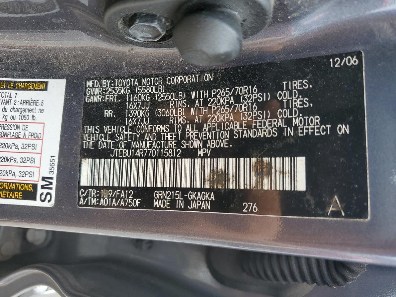 2007 Toyota 4Runner Sr5 VIN: JTEBU14R770115812 Lot: 64854665