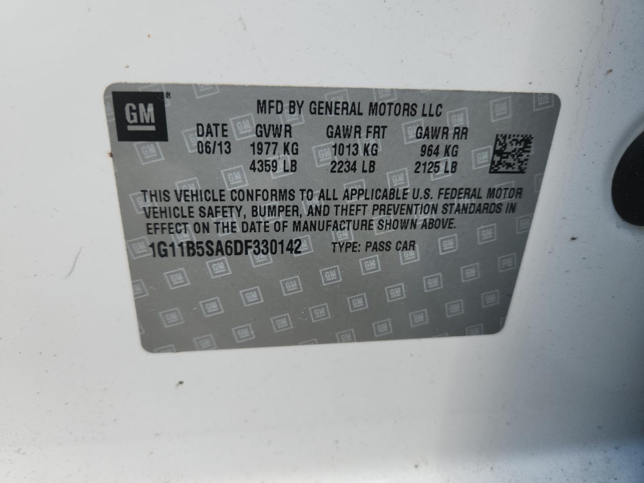 2013 Chevrolet Malibu Ls VIN: 1G11B5SA6DF330142 Lot: 63573955
