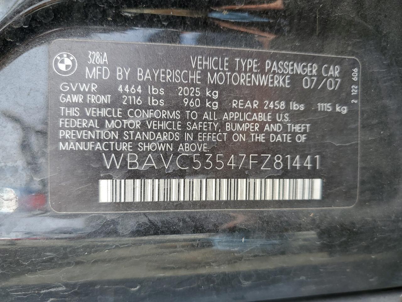 2007 BMW 328 I Sulev VIN: WBAVC53547FZ81441 Lot: 63587525