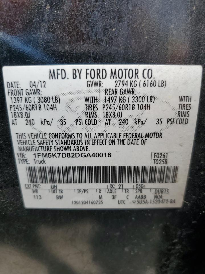 2013 Ford Explorer Xlt VIN: 1FM5K7D82DGA40016 Lot: 63647705