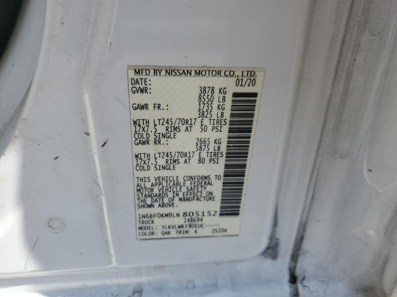 2020 Nissan Nv 1500 S VIN: 1N6BF0KM9LN805152 Lot: 62448225