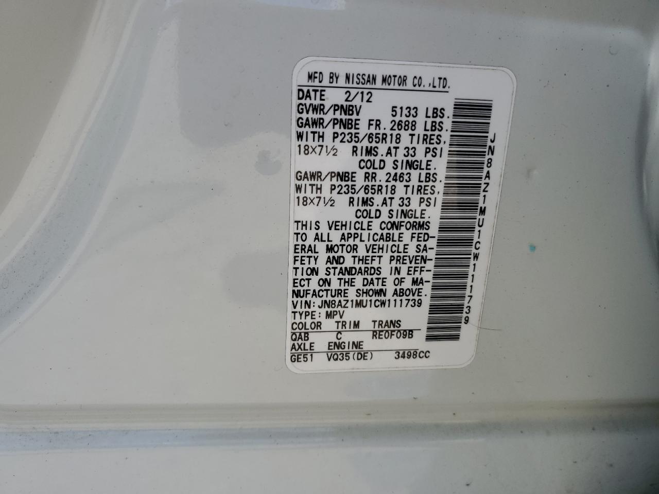2012 Nissan Murano S VIN: JN8AZ1MU1CW111739 Lot: 64759365