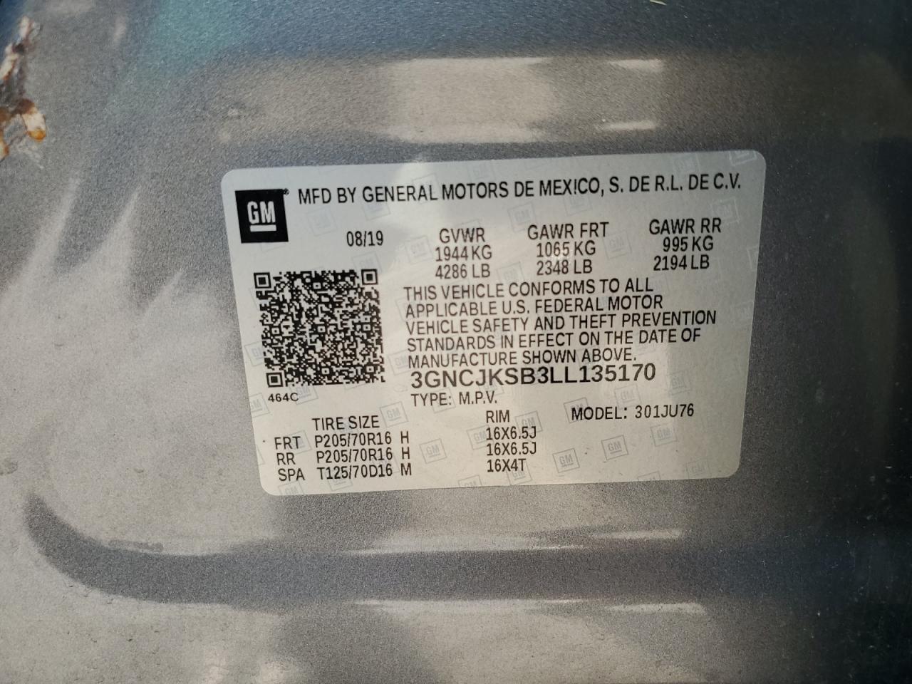 2020 Chevrolet Trax Ls VIN: 3GNCJKSB3LL135170 Lot: 65012795