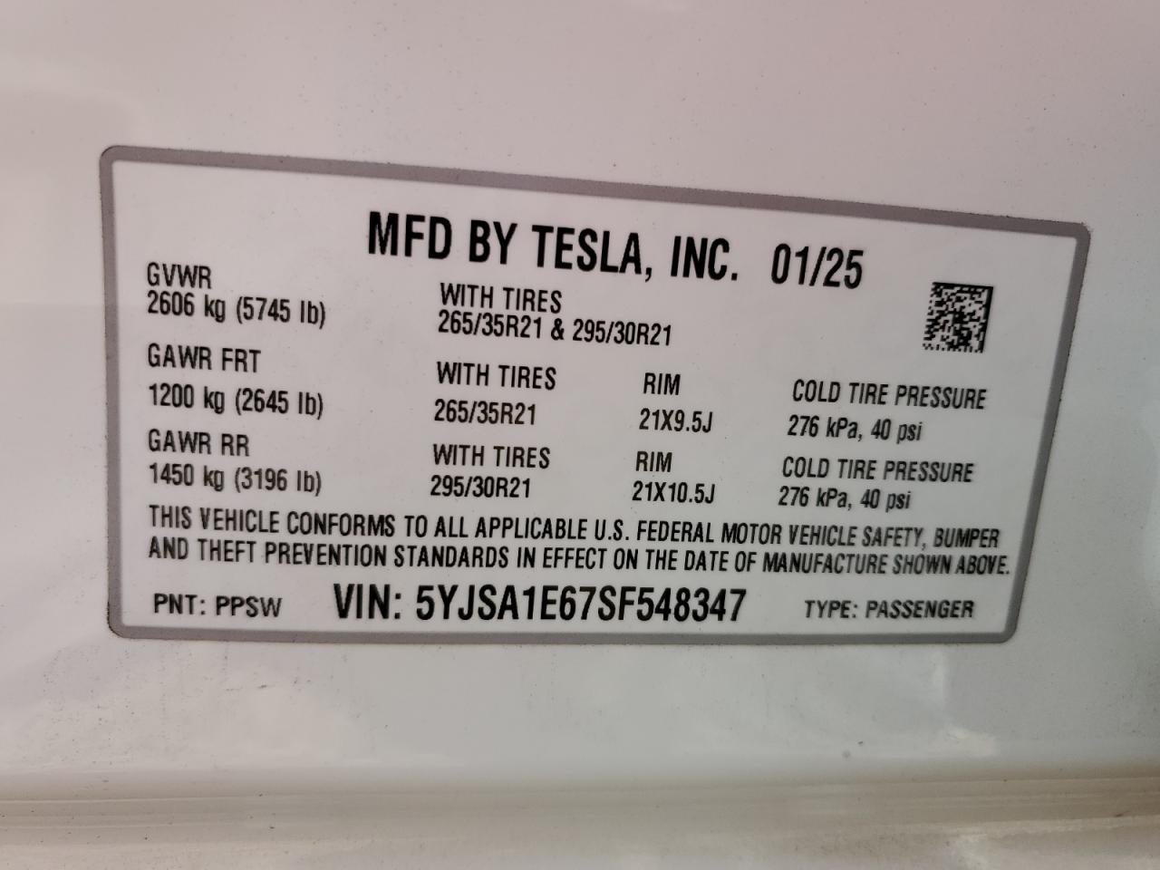 2025 Tesla Model S VIN: 5YJSA1E67SF548347 Lot: 62135695
