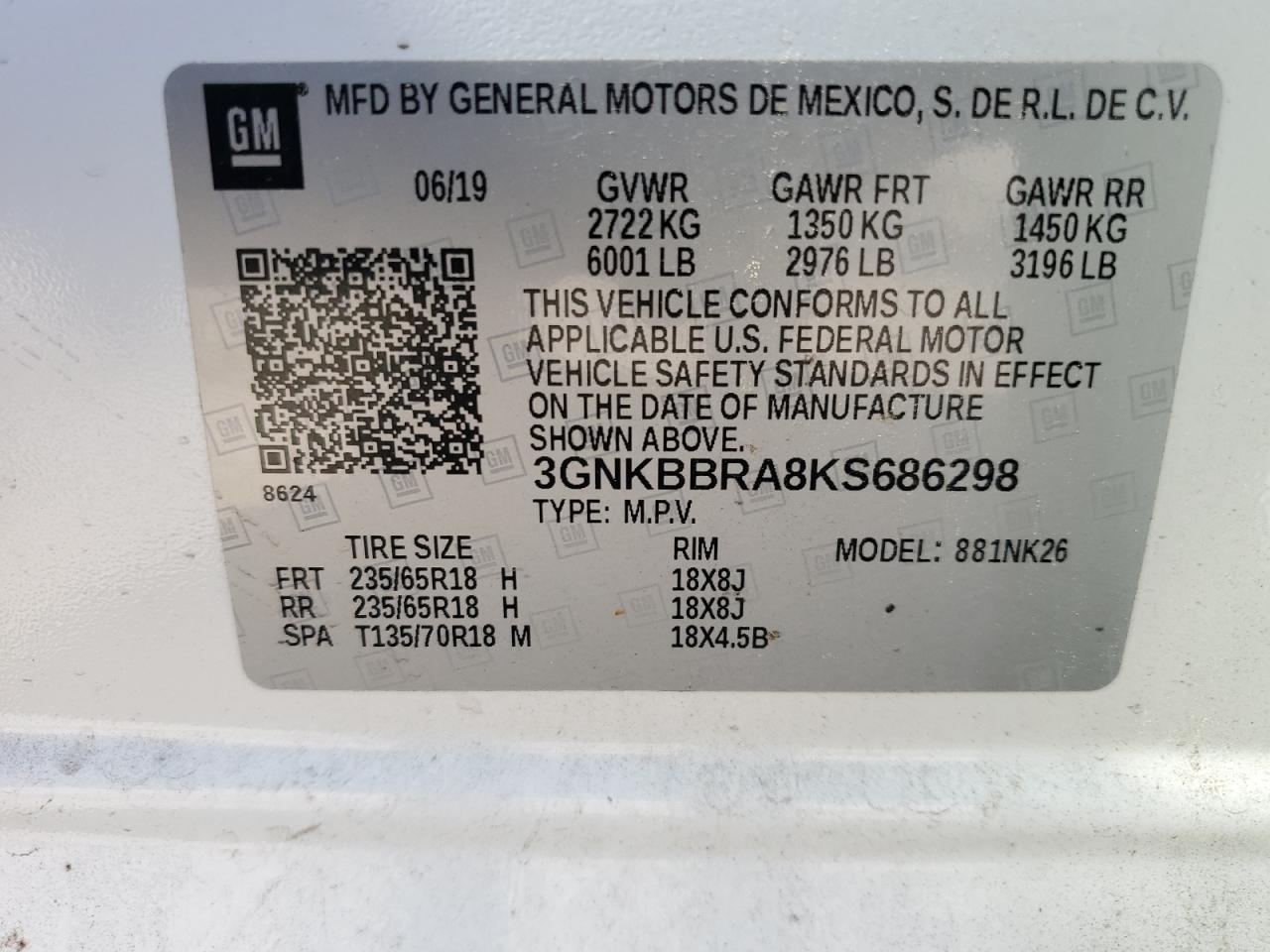 2019 Chevrolet Blazer 1Lt VIN: 3GNKBBRA8KS686298 Lot: 66190775