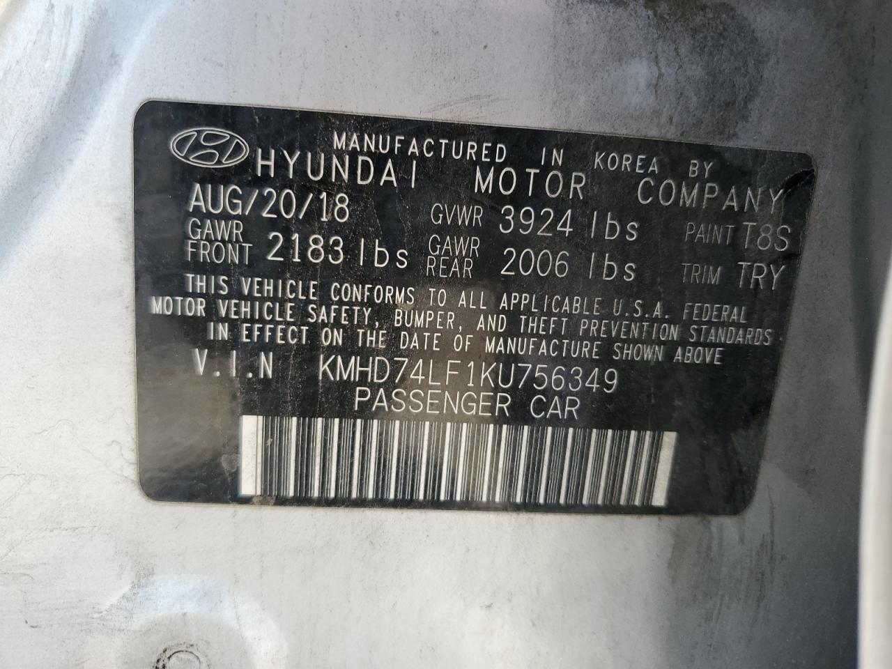 2019 Hyundai Elantra Se VIN: KMHD74LF1KU756349 Lot: 66880325