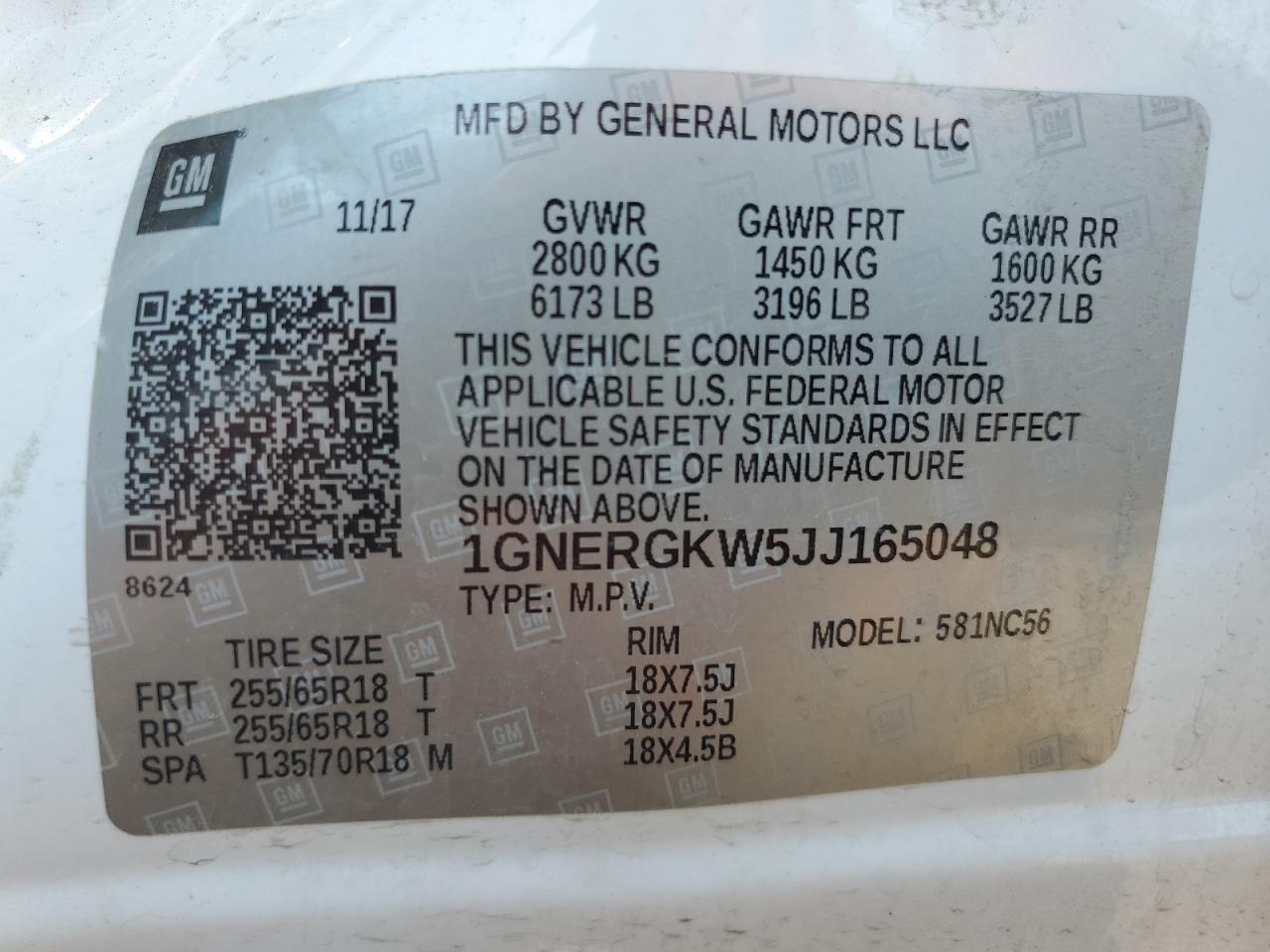 2018 Chevrolet Traverse Lt VIN: 1GNERGKW5JJ165048 Lot: 64633685