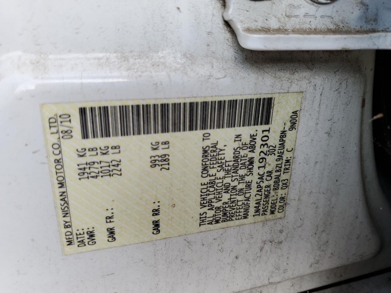 2010 Nissan Altima Base VIN: 1N4AL2AP5AC192301 Lot: 65500395