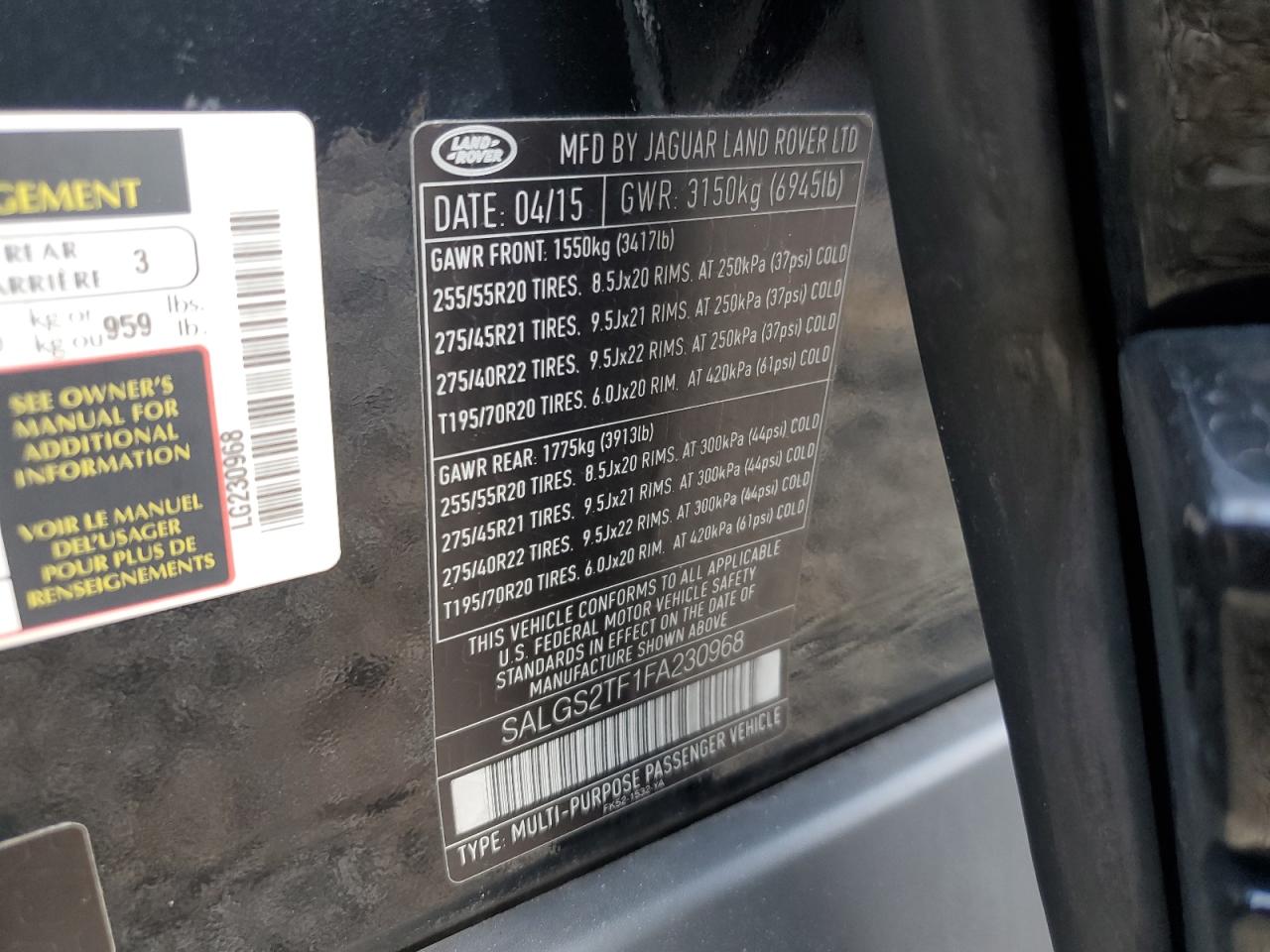 SALGS2TF1FA230968 2015 Land Rover Range Rover Supercharged