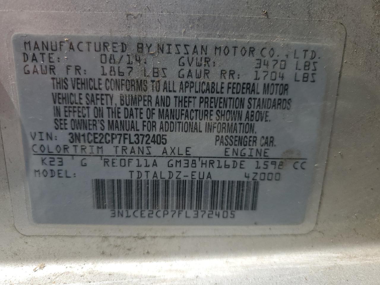 2015 Nissan Versa Note S VIN: 3N1CE2CP7FL372405 Lot: 66521395