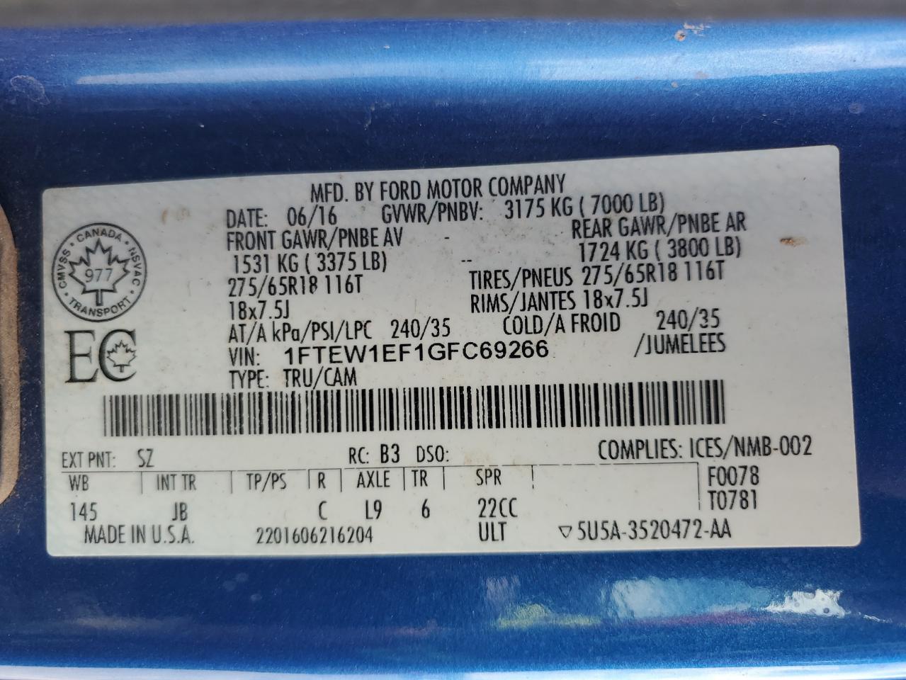 2016 Ford F150 Supercrew VIN: 1FTEW1EF1GFC69266 Lot: 65562295