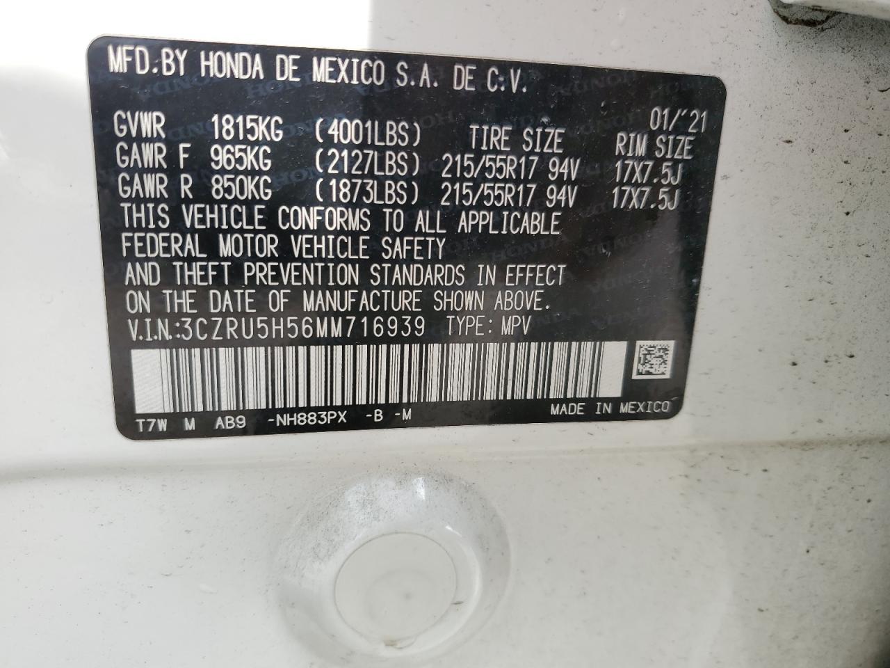2021 Honda Hr-V Ex VIN: 3CZRU5H56MM716939 Lot: 63266255