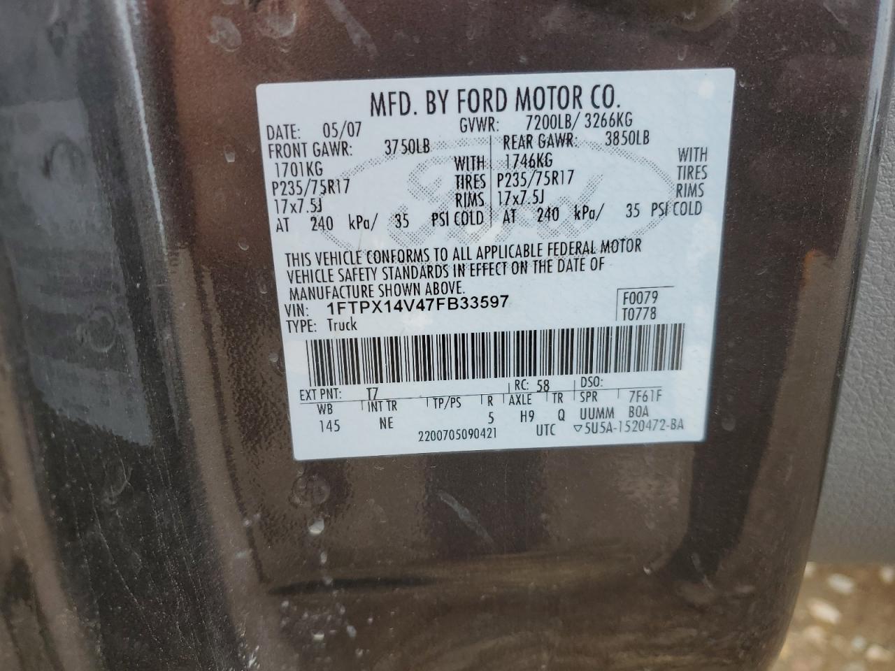 2007 Ford F150 VIN: 1FTPX14V47FB33597 Lot: 64135775