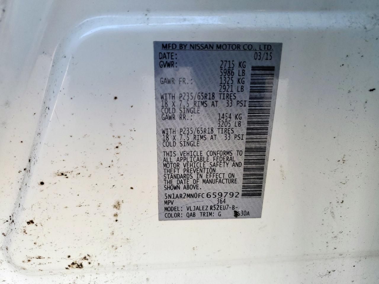 2015 Nissan Pathfinder S VIN: 5N1AR2MN0FC659792 Lot: 63106295