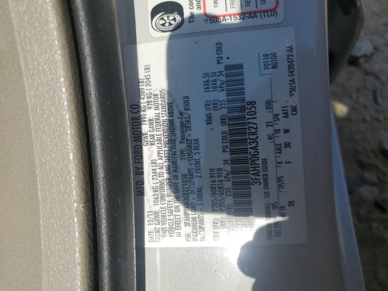 2012 Ford Fusion S VIN: 3FAHP0GA3CR271058 Lot: 65936075