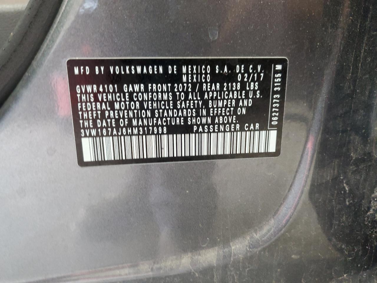 2017 Volkswagen Jetta S VIN: 3VW167AJ6HM317998 Lot: 66030965