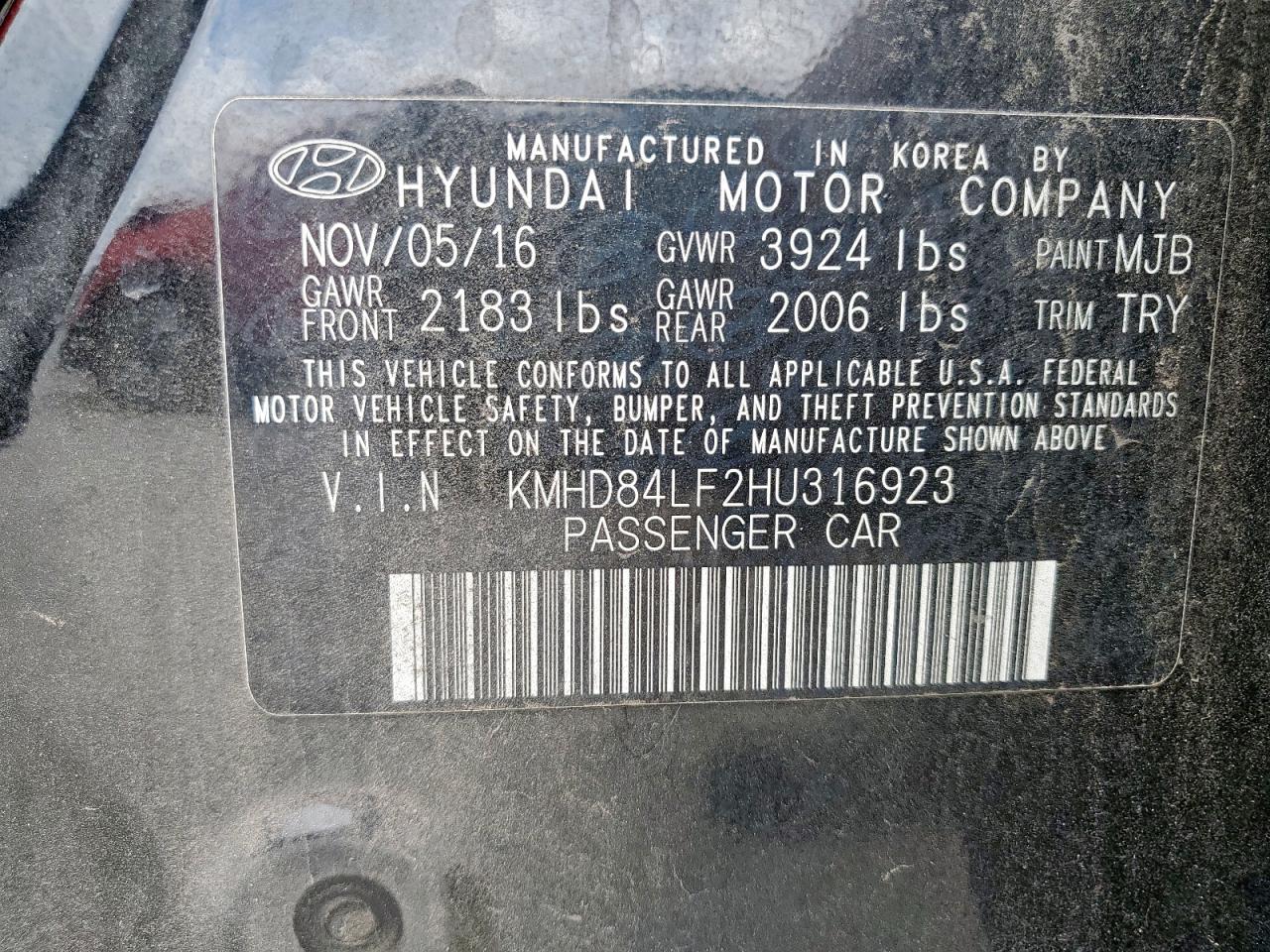 2017 Hyundai Elantra Se VIN: KMHD84LF2HU316923 Lot: 63271625