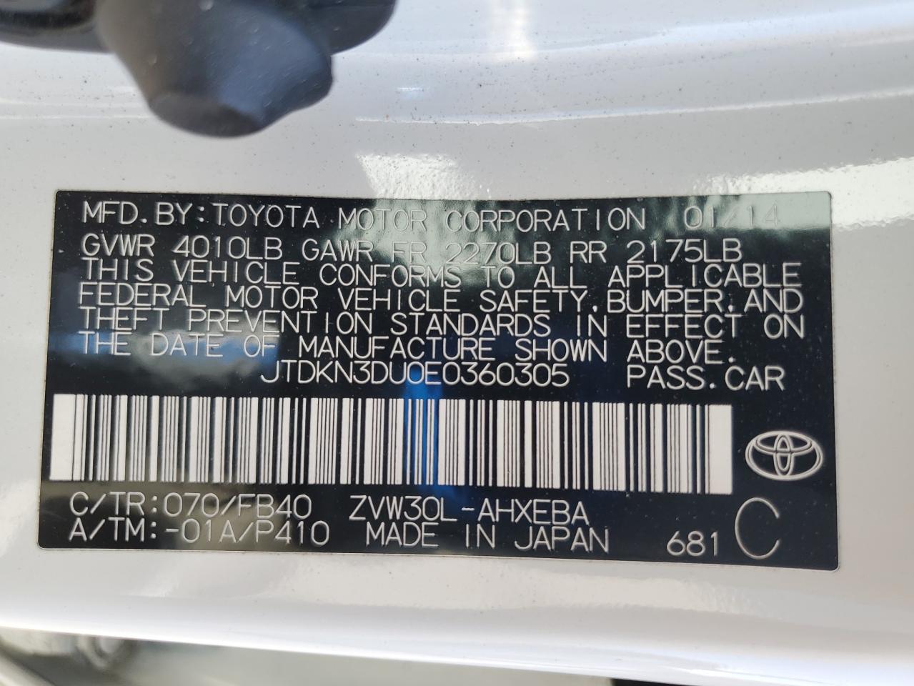 2014 Toyota Prius VIN: JTDKN3DU0E0360305 Lot: 64419225