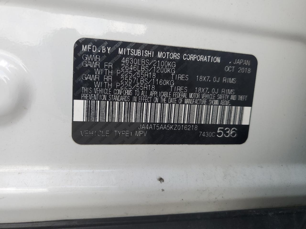 2019 Mitsubishi Eclipse Cross Se VIN: JA4AT5AA5KZ016218 Lot: 63834365