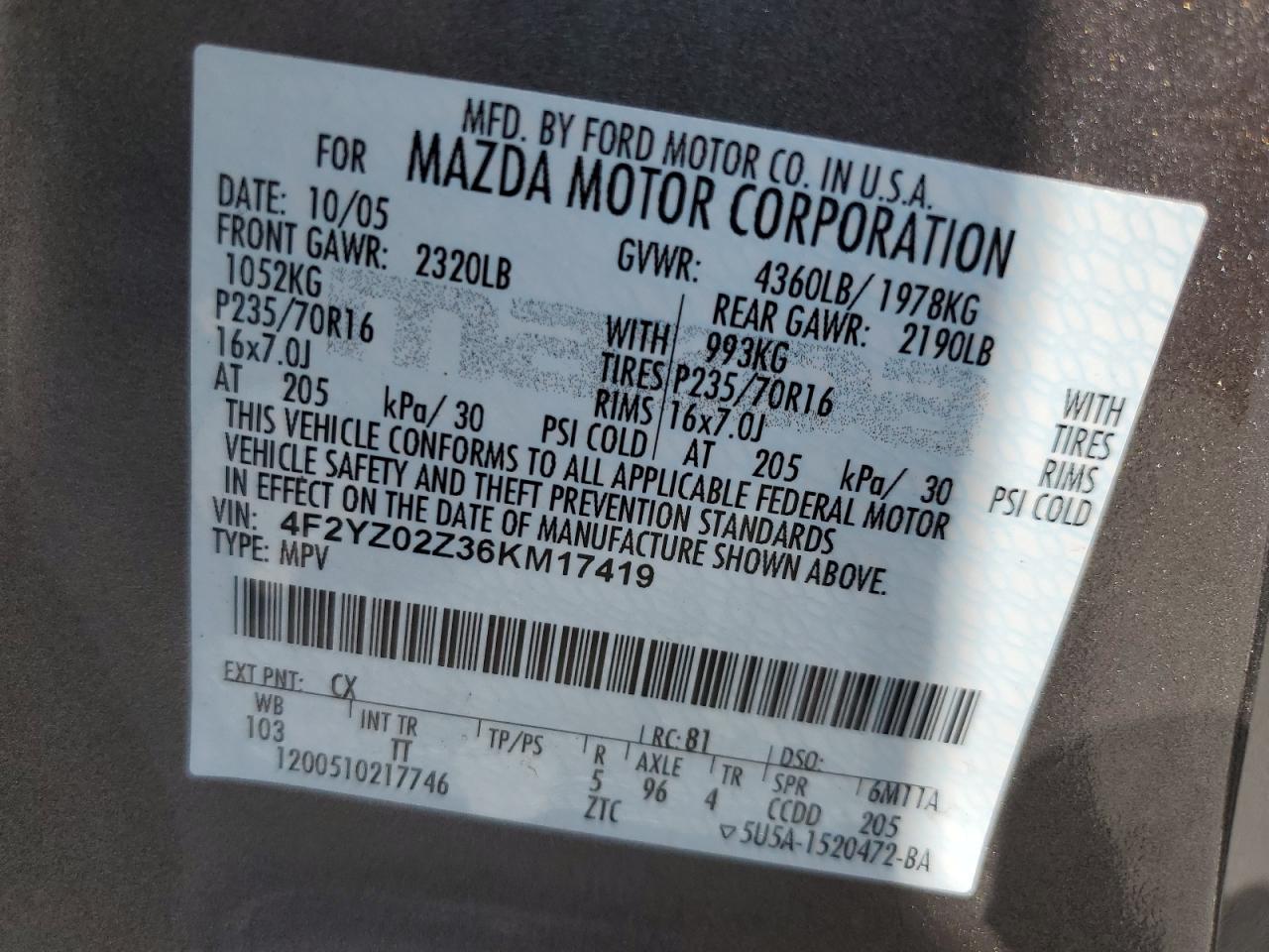 2006 Mazda Tribute I VIN: 4F2YZ02Z36KM17419 Lot: 64282285