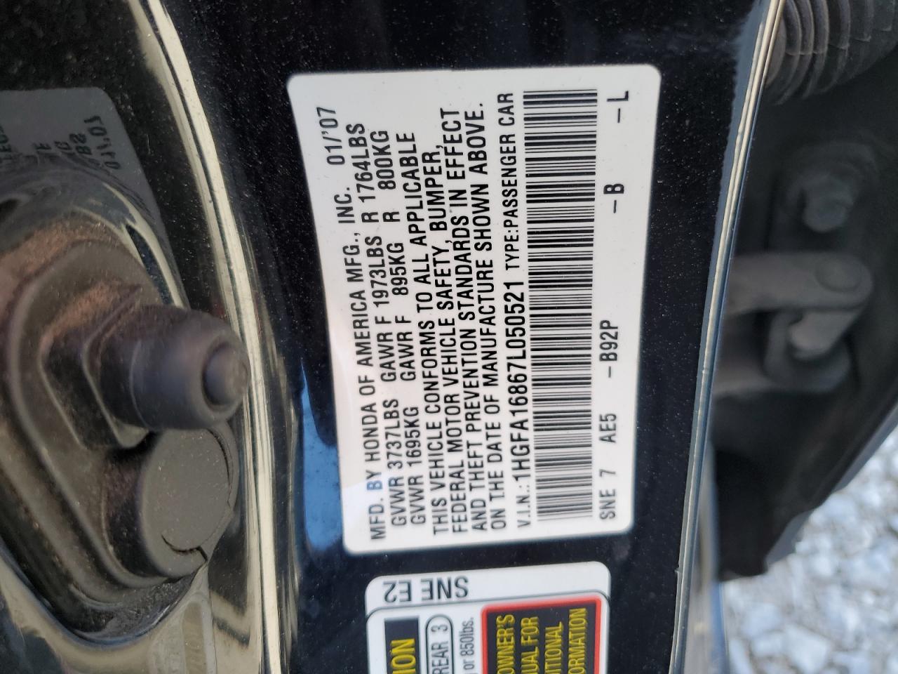 2007 Honda Civic Ex VIN: 1HGFA16867L050521 Lot: 65087035