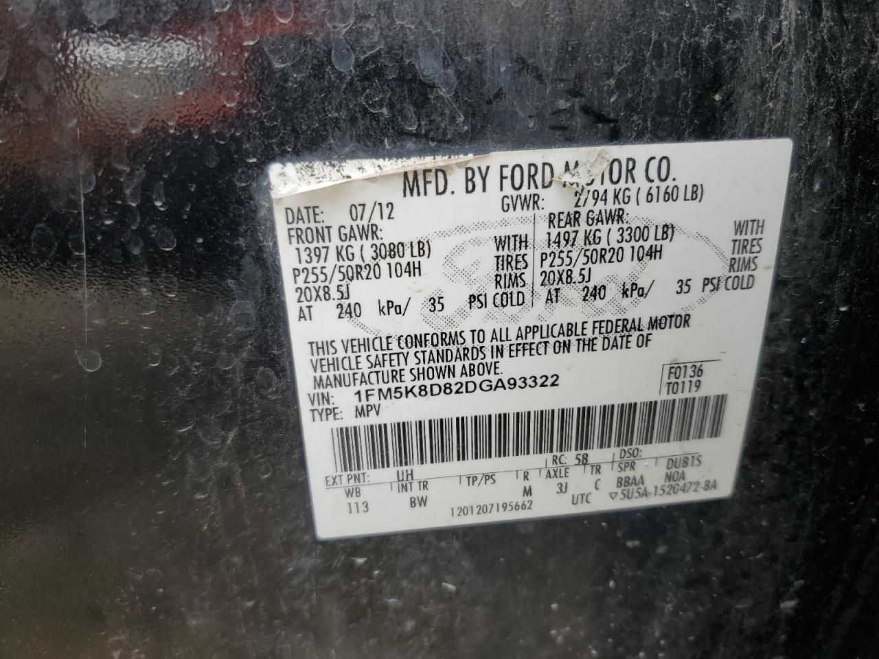 2013 Ford Explorer Xlt VIN: 1FM5K8D82DGA93322 Lot: 65054045