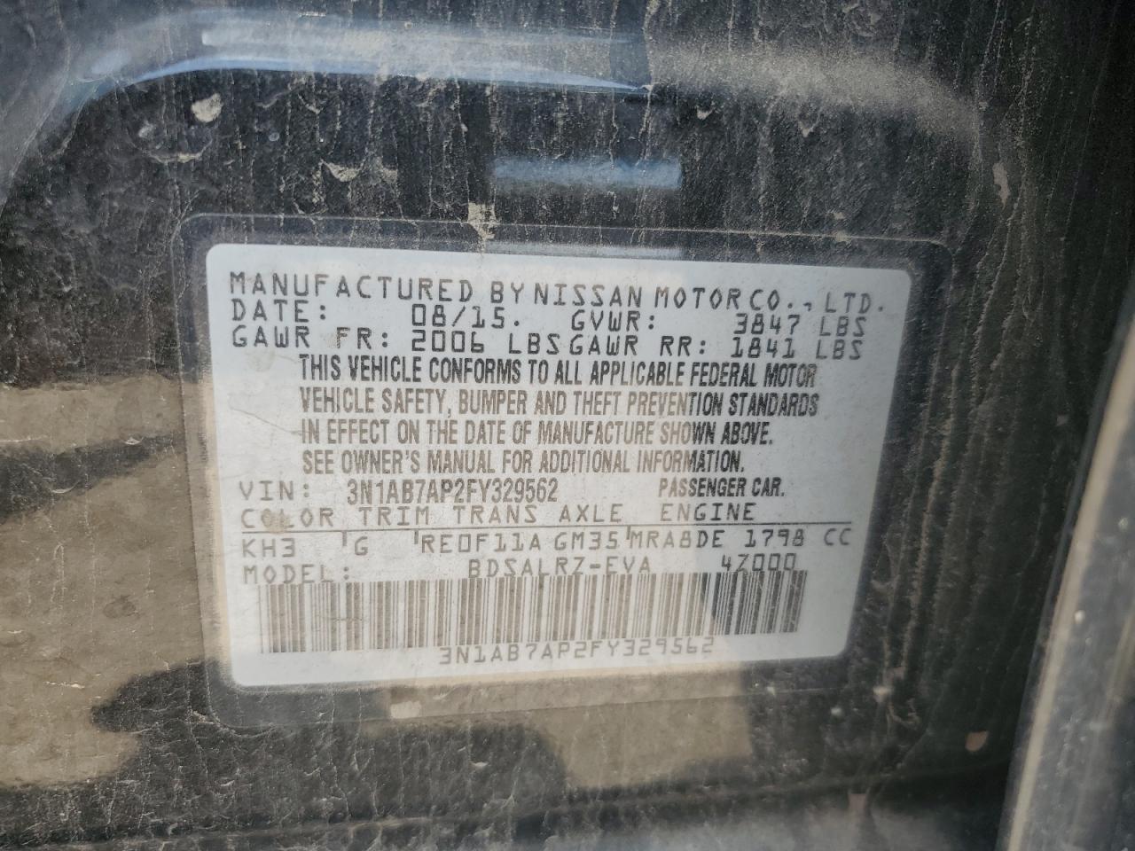 2015 Nissan Sentra S VIN: 3N1AB7AP2FY329562 Lot: 63073465