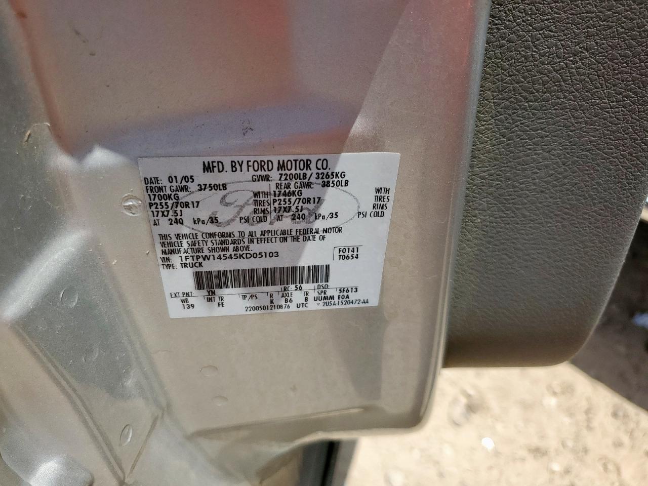 2005 Ford F150 Supercrew VIN: 1FTPW14545KD05103 Lot: 66002535