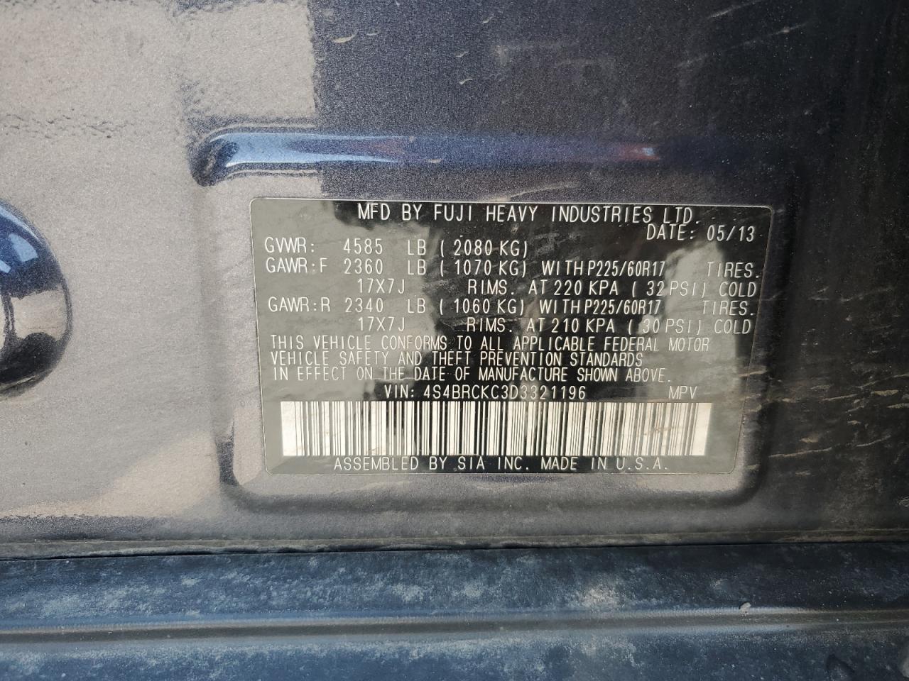 2013 Subaru Outback 2.5I Limited VIN: 4S4BRCKC3D3321196 Lot: 63875795