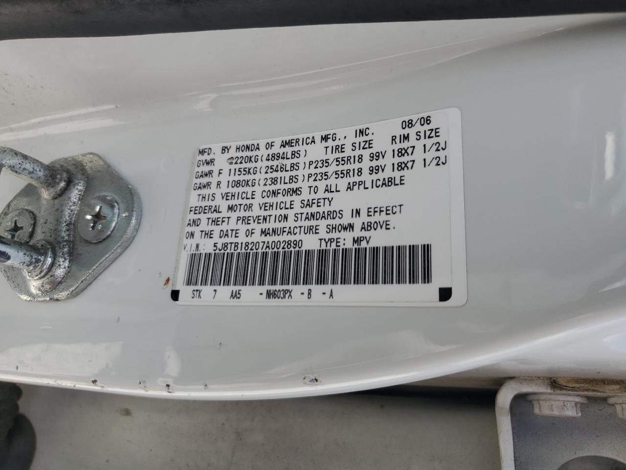 2007 Acura Rdx VIN: 5J8TB18207A002890 Lot: 61894805