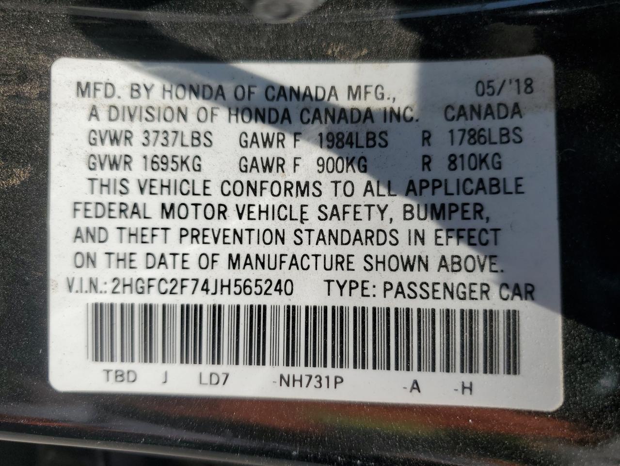 2018 Honda Civic Ex VIN: 2HGFC2F74JH565240 Lot: 64862595