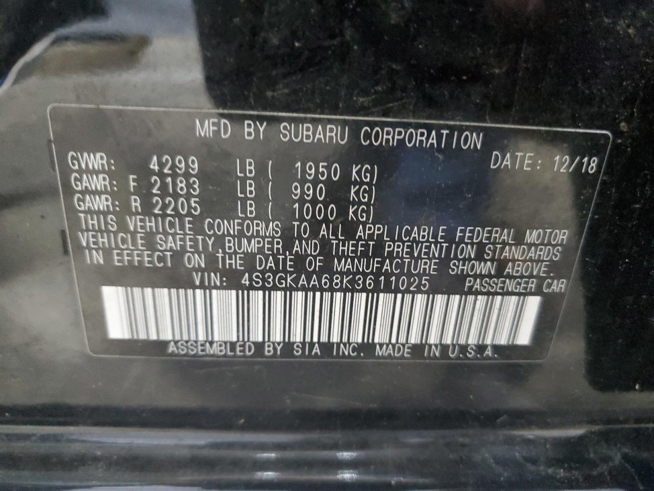 2019 Subaru Impreza VIN: 4S3GKAA68K3611025 Lot: 64049115