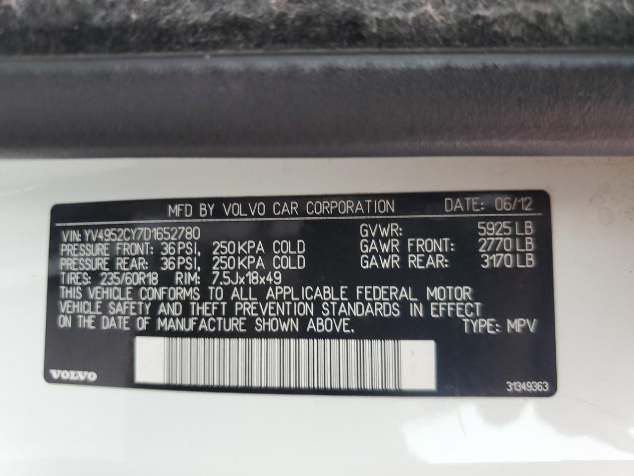 2013 Volvo Xc90 3.2 VIN: YV4952CY7D1652780 Lot: 62265705