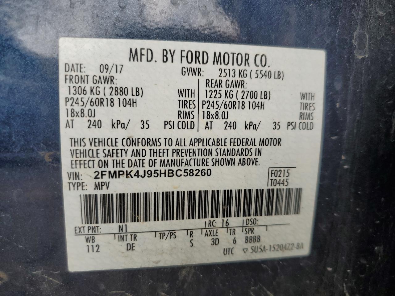 2017 Ford Edge Sel VIN: 2FMPK4J95HBC58260 Lot: 64085085