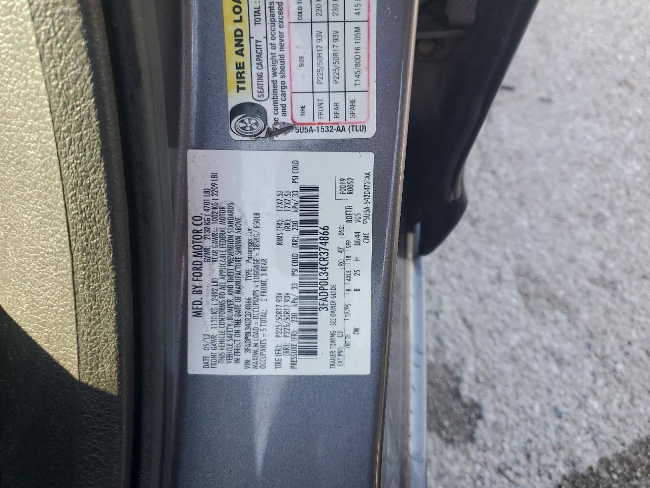 2012 Ford Fusion Hybrid VIN: 3FADP0L34CR374866 Lot: 64186855