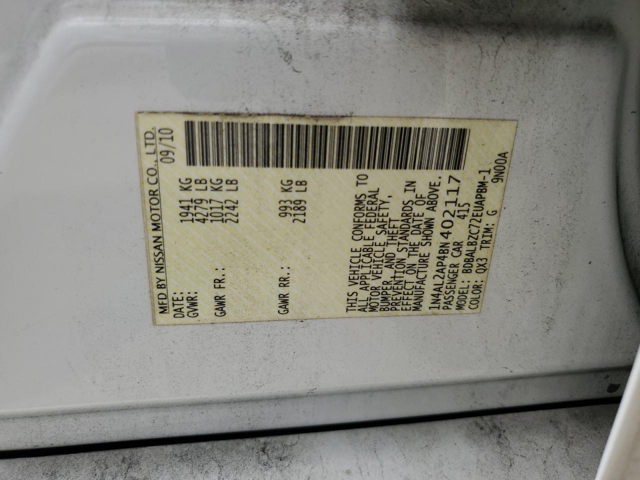 2011 Nissan Altima Base VIN: 1N4AL2AP4BN402117 Lot: 64765435