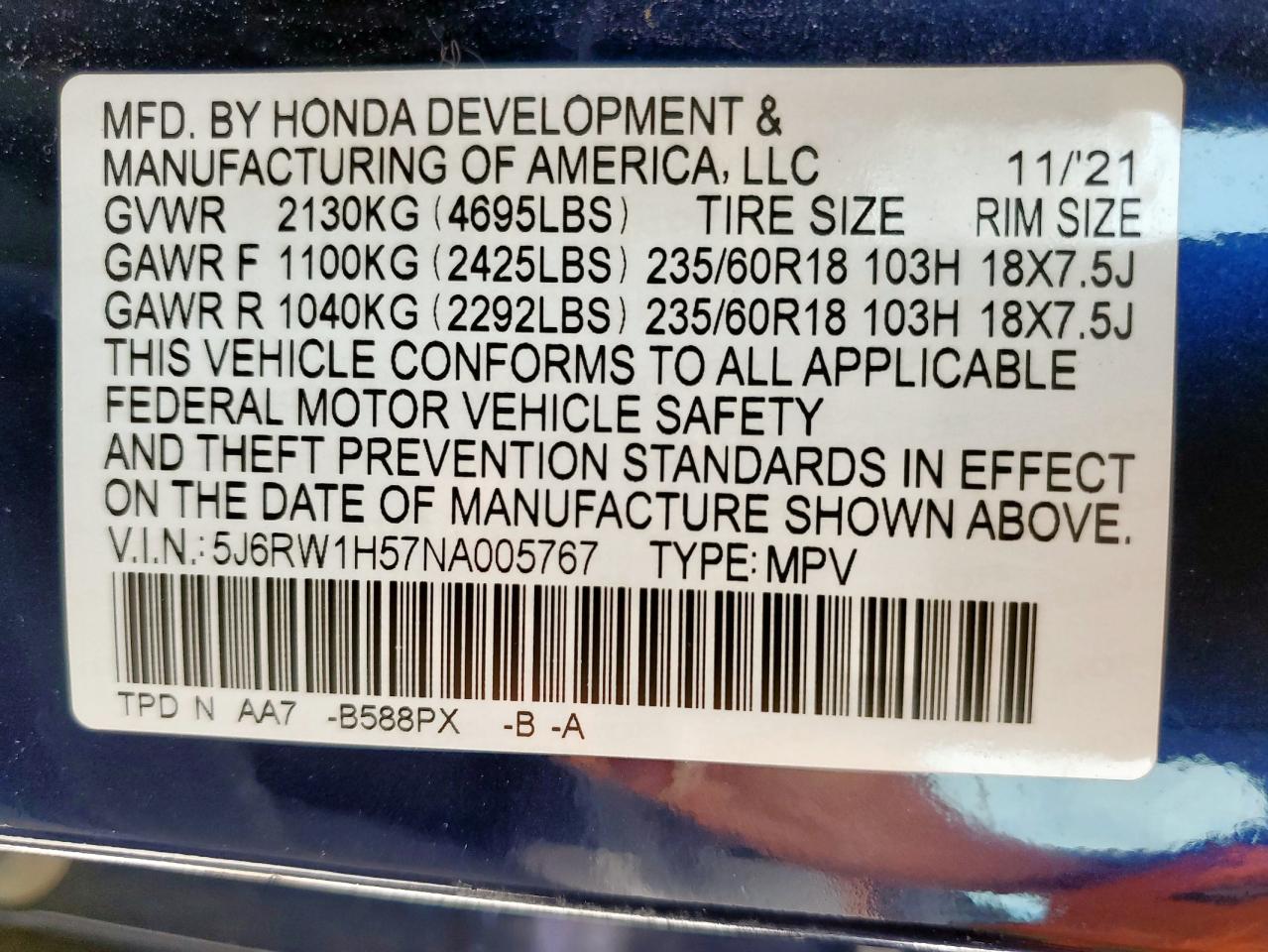 2022 Honda Cr-V Ex VIN: 5J6RW1H57NA005767 Lot: 64294835