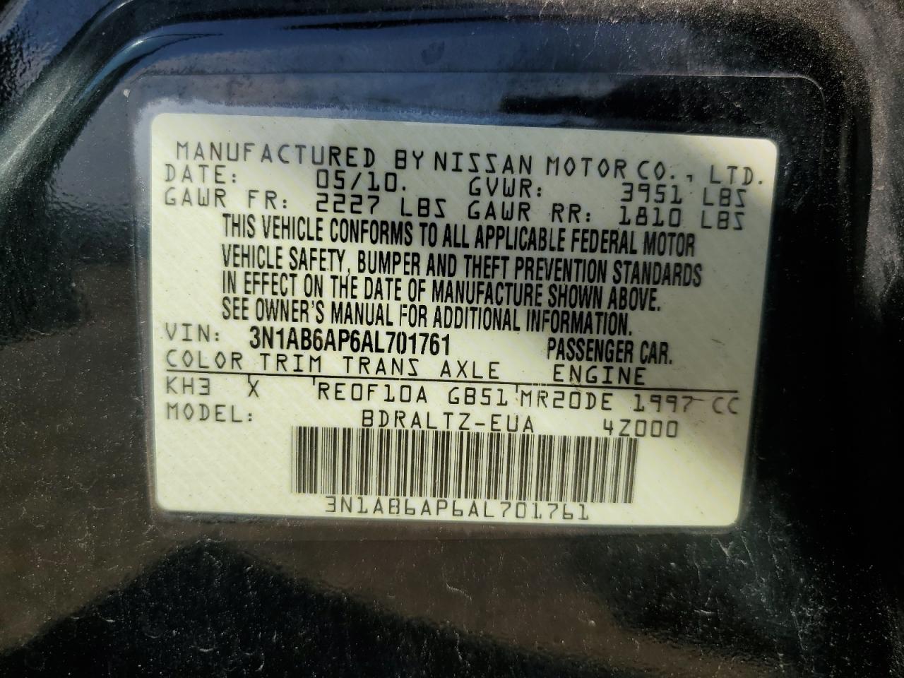 2010 Nissan Sentra 2.0 VIN: 3N1AB6AP6AL701761 Lot: 65017475