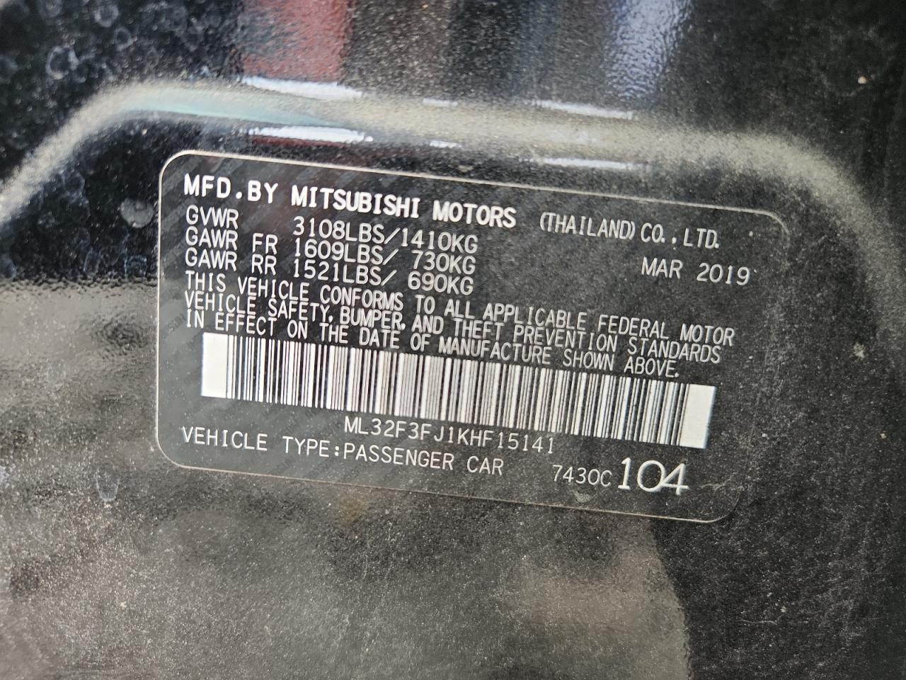2019 Mitsubishi Mirage G4 Es VIN: ML32F3FJ1KHF15141 Lot: 63333865