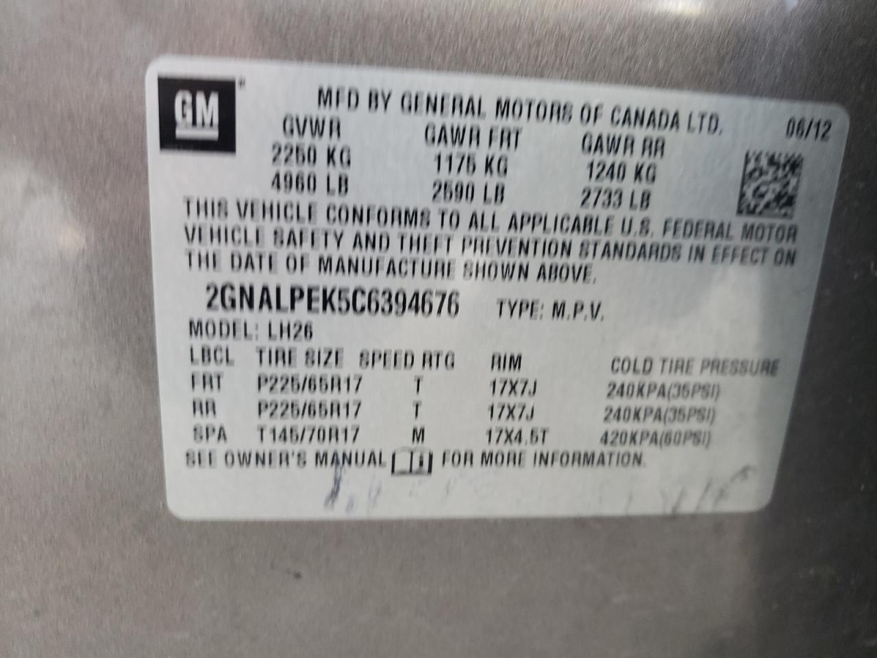 2012 Chevrolet Equinox Lt VIN: 2GNALPEK5C6394676 Lot: 64091895