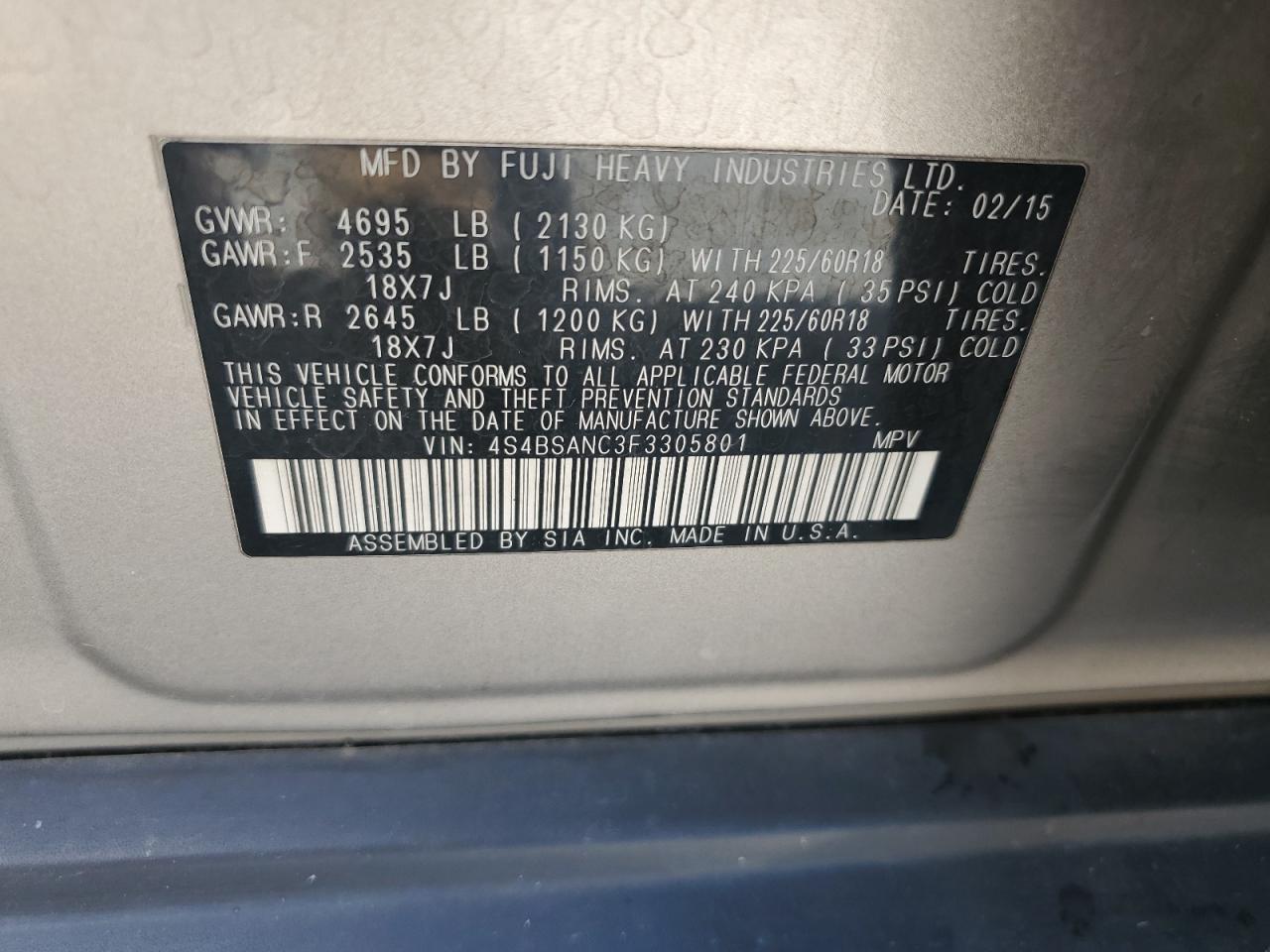 2015 Subaru Outback 2.5I Limited VIN: 4S4BSANC3F3305801 Lot: 62983835
