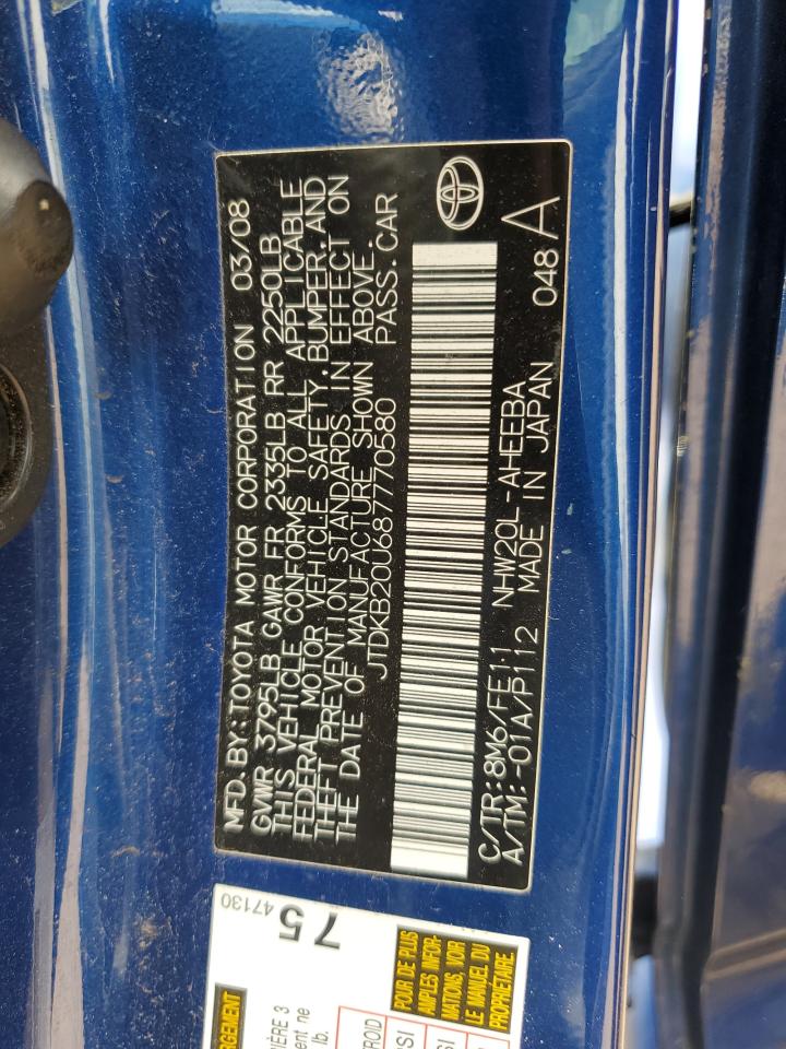 2008 Toyota Prius VIN: JTDKB20U687770580 Lot: 66764045