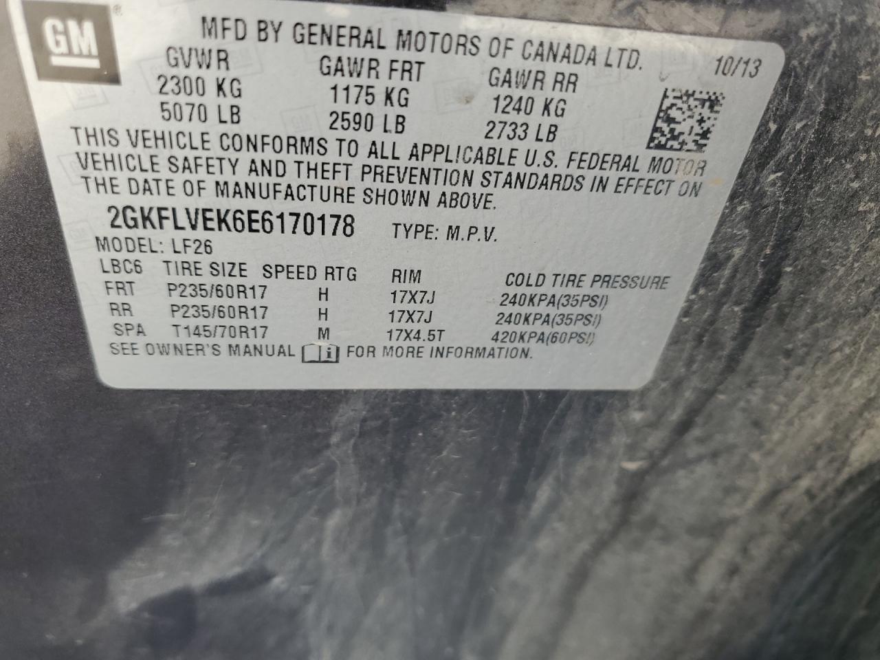 2014 GMC Terrain Sle VIN: 2GKFLVEK6E6170178 Lot: 64737175