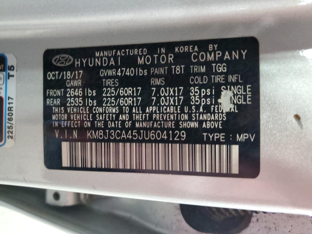 2018 Hyundai Tucson Sel VIN: KM8J3CA45JU604129 Lot: 65312005