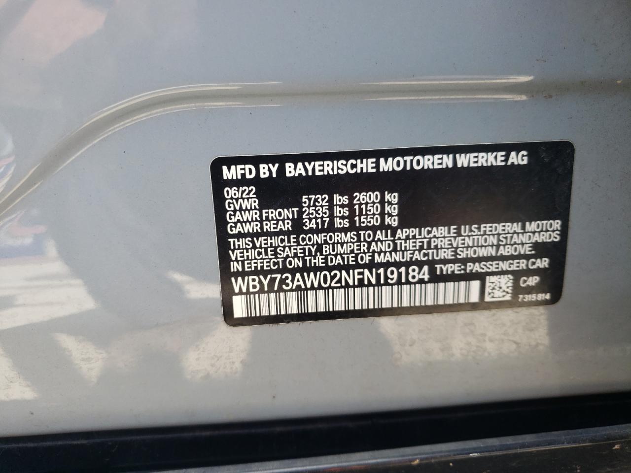2022 BMW I4 Edrive 40 VIN: WBY73AW02NFN19184 Lot: 65177855