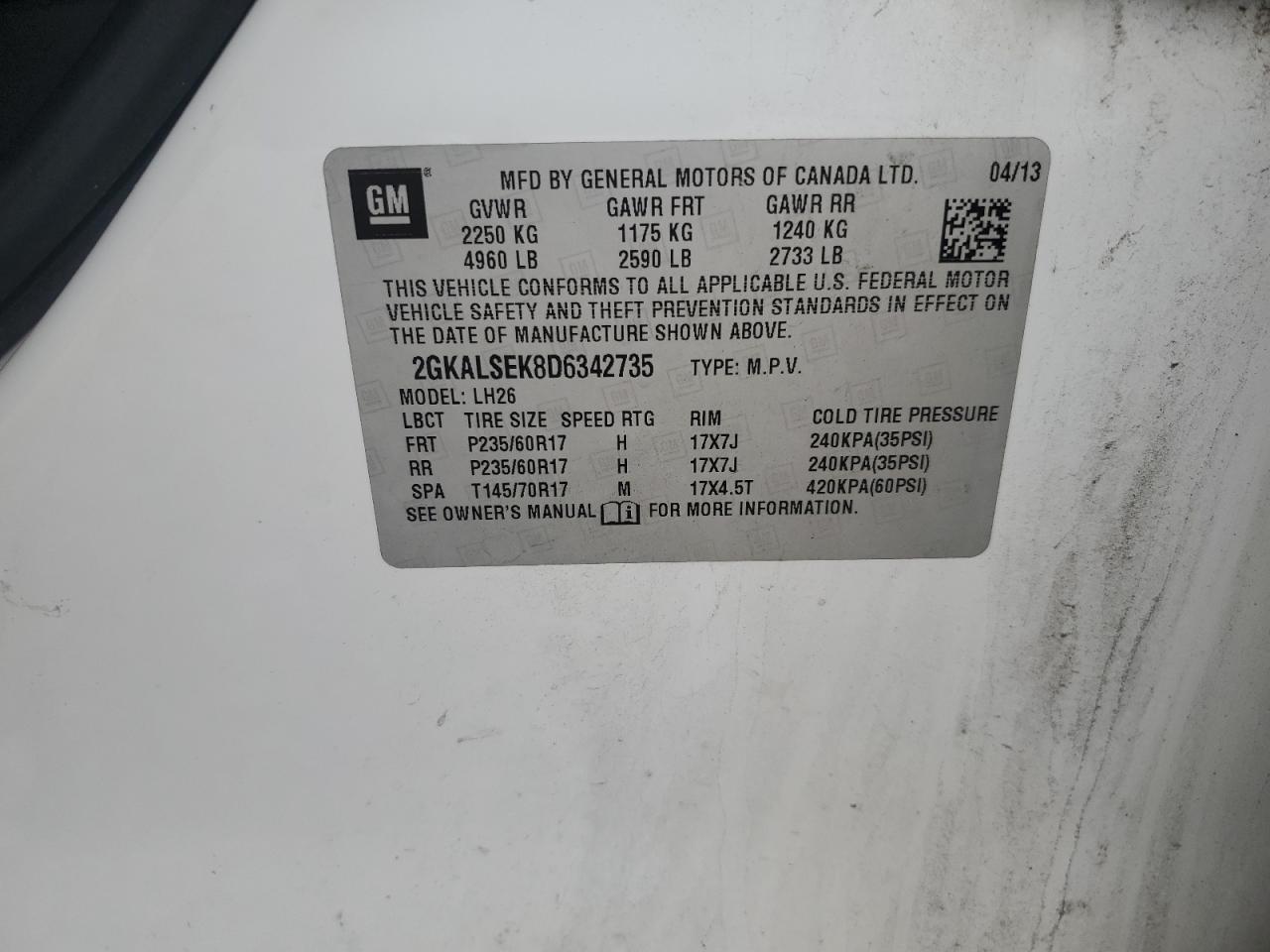 2013 GMC Terrain Sle VIN: 2GKALSEK8D6342735 Lot: 65377805