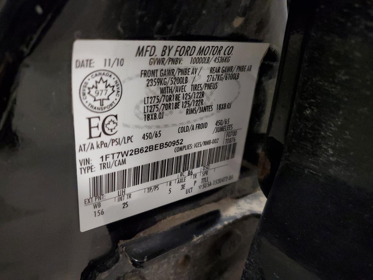 2011 Ford F250 Super Duty VIN: 1FT7W2B62BEB50952 Lot: 64849015