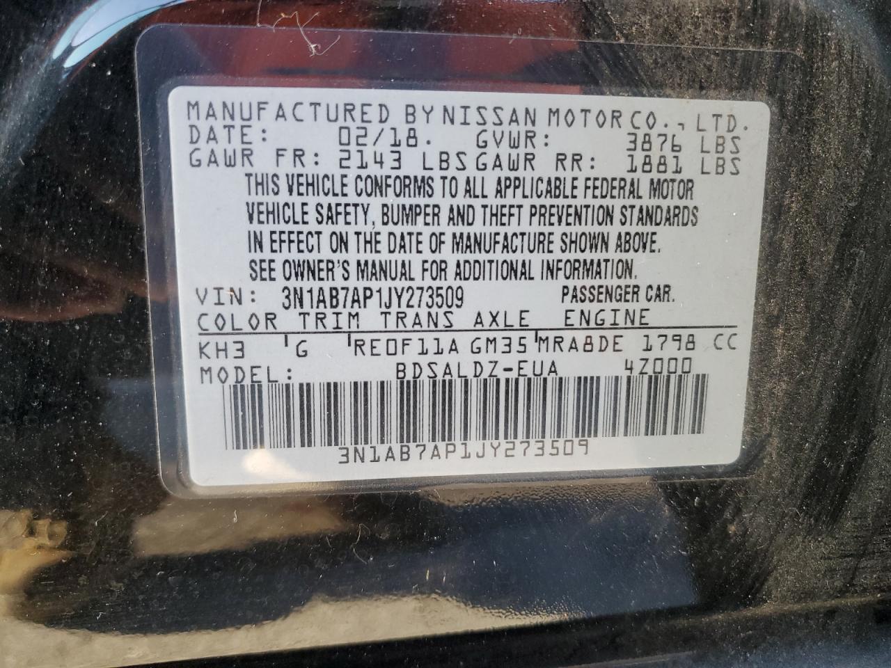 2018 Nissan Sentra S VIN: 3N1AB7AP1JY273509 Lot: 64582575